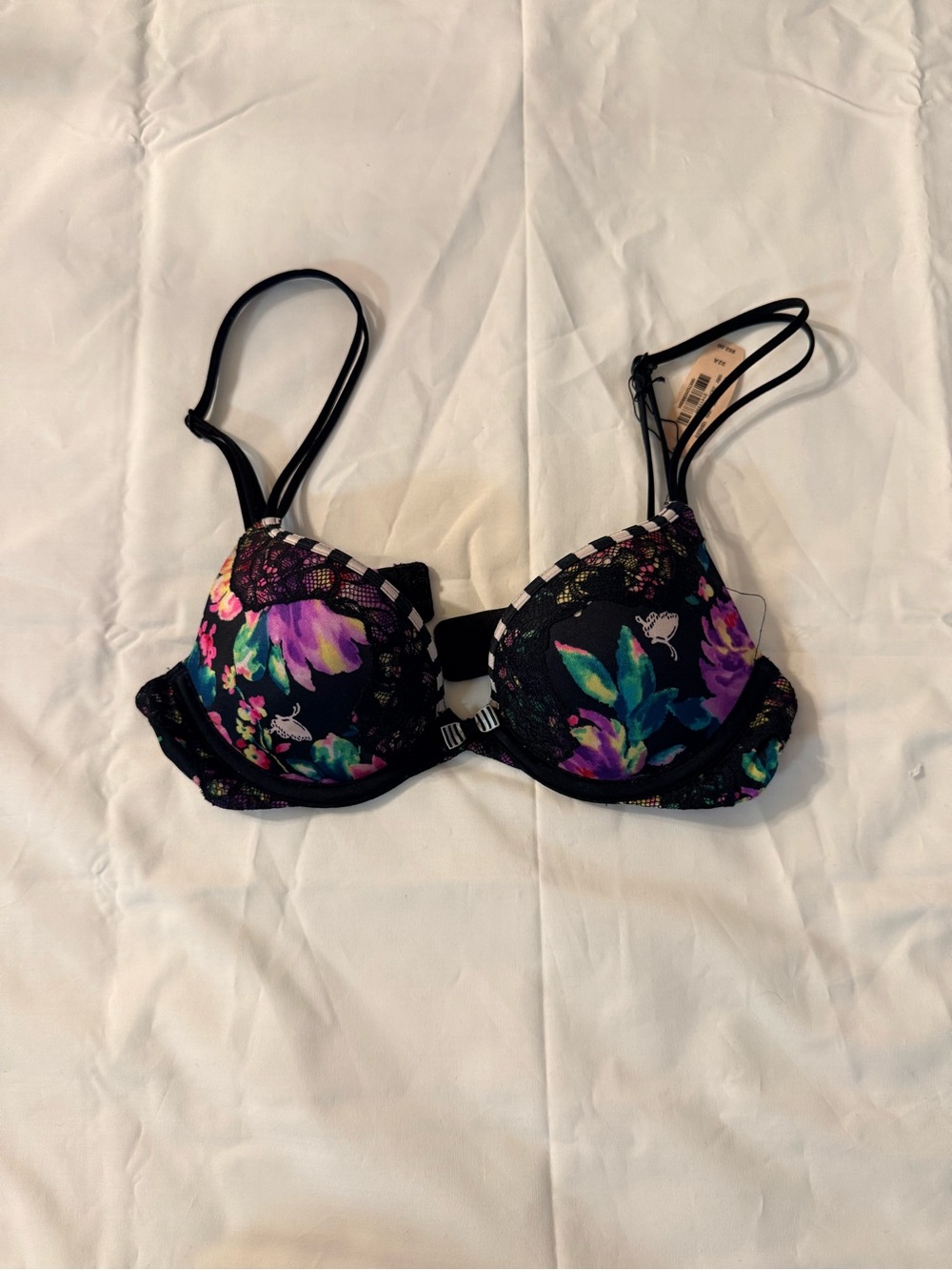 Victoria's Secret Black Push-Up Bra with Purple, Teal & Pink Floral Print